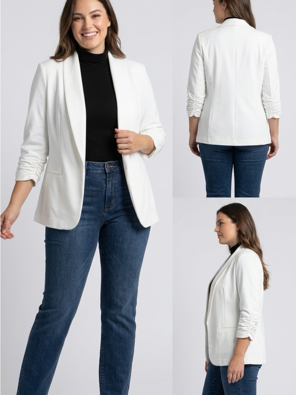 Women's White Open-Front Blazer with Ruched Sleeves